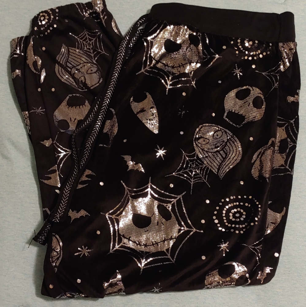 Disney Black Pajama Pants with Silver Halloween Skull & Web Print - Picture 9 of 9